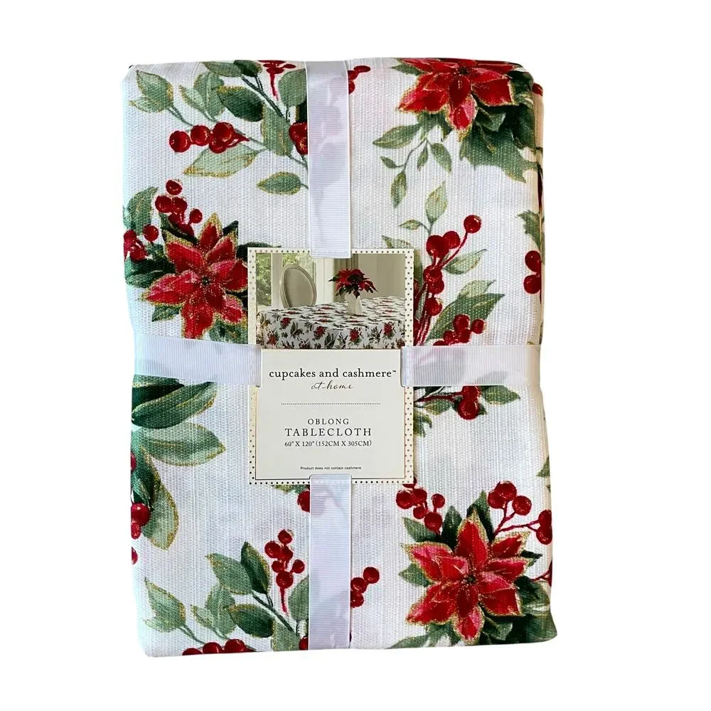 Cupcakes & Cashmere POINSETTIA Christmas Tablecloth 60x120 Oblong New